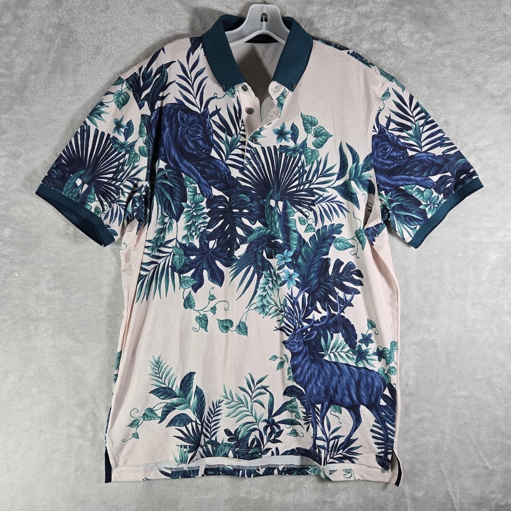 Greyson The Enchanted Forest Short Sleeve Polo Men Size L Large Pink Wolf Plants